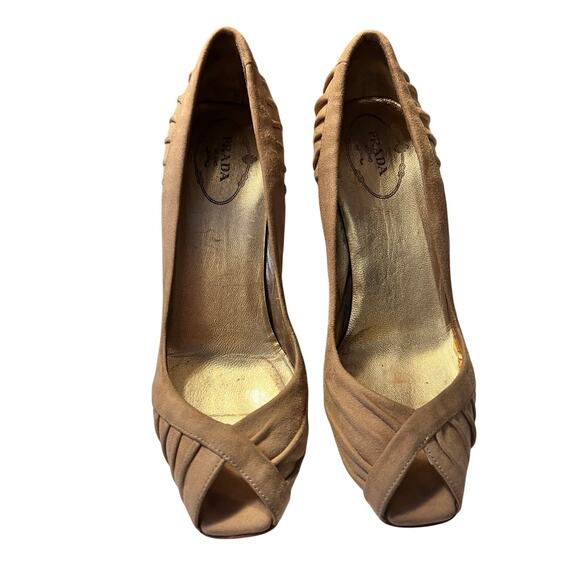 Prada Suede Peep Toe Heels Pleated Detail Neutral Tan | EU 37 - Picture 2 of 15